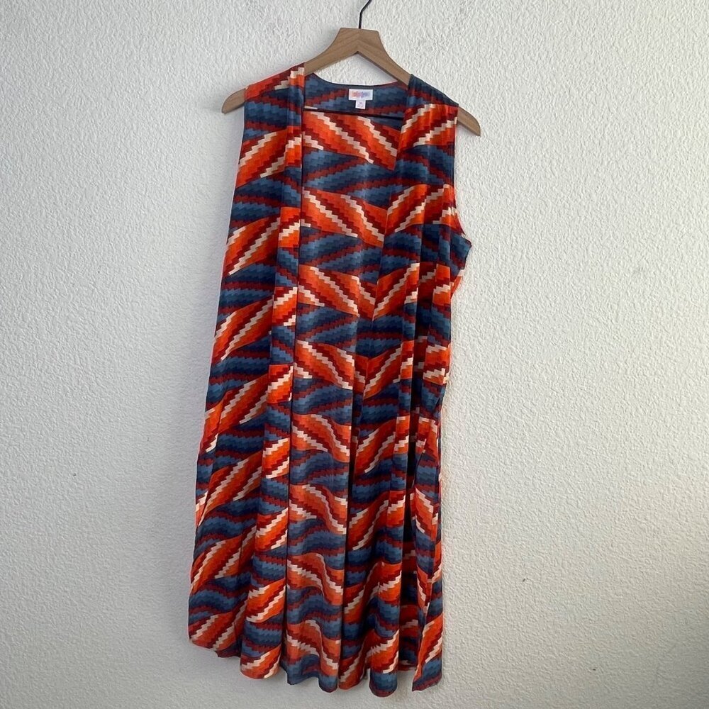 LuLaRoe Joy Duster Vest – Medium, Zig-Zag Orange/Blue/Red, Longline Sleeveless - Picture 5 of 9